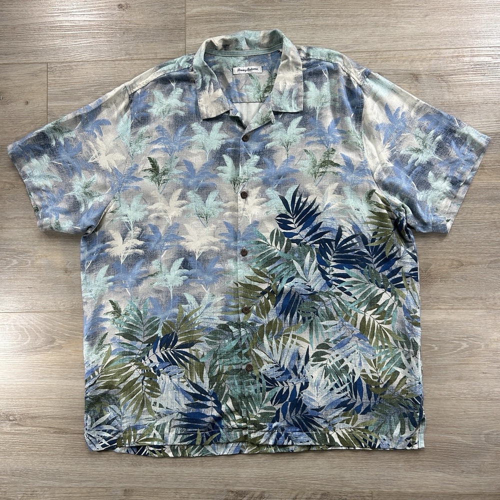 Tommy Bahama Mens 2XL Blue Floral Silk Button Up Loop Collar Palms Casual Camp